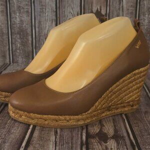 Sz 39 / 8 Viscata Marquesa Brandy Brown Leather Espadrille Platform Wedge Shoes
